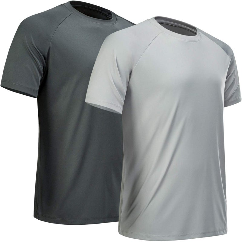 MCPORO Workout Shirts for Men Short Sleeve Quick Dry Athletic Gym Active T Shirt Moisture Wicking 2 Pack Dark Grey, Light Grey Medium - Image 1